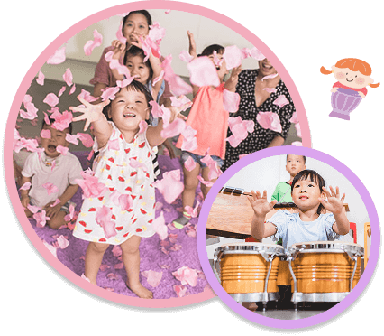 美育音樂律動課堂實景：孩子在花瓣中歡笑，搭配打擊樂演奏